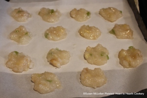 After the pears and sugar with some sliced citron has been boyled up to a marmelett for the receipt (recipe) Marmelett of popling-pare, lay some in little cakes.  Pictured are some of the little cakes before they candy with the green pieces showing the citron.